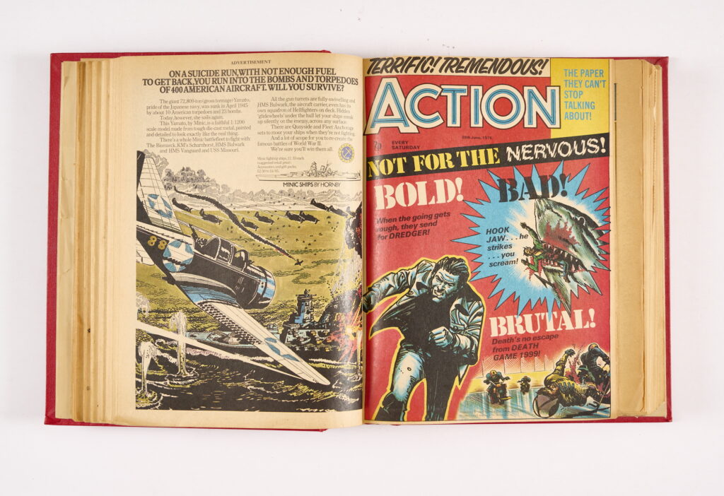 Action (14 Feb-25 Dec 1976) 34 issues including No 1 wfg Red Arrow from The IPC Editorial Archive. Missing issues: 28 Feb, 13 March, 10, 17, 24 April and 1 May and the banned 23 October. So 30 of the pre-ban issues are present along with all 4 post-ban issues. Starring Dredger, Hook Jaw, Hellman of Hammer Force, The Running Man, The Coffin Sub and Death Game 1999. No 1 and a few further issues [vg+/fn-], balance [fn/vfn+] (34)