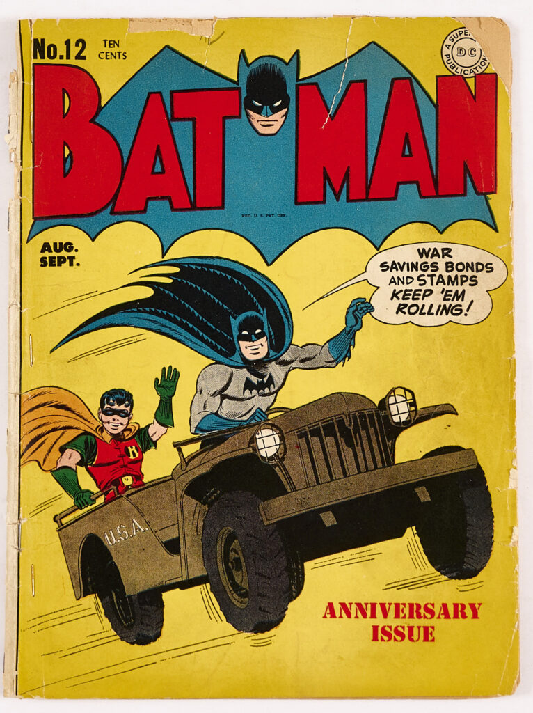 Batman 12 (1942) Worn covers with brittle edges, re-attached with later staples. Some brittleness to interior page corners [fr/gd]. No Reserve