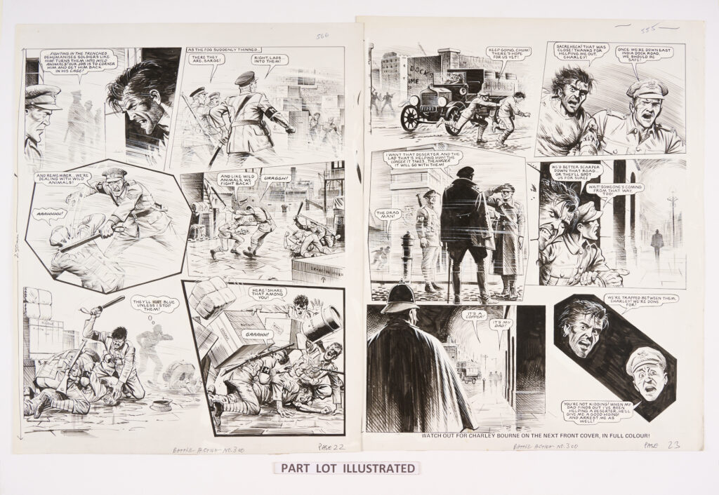 Charley's War (1979): 4 original artworks by Joe Colquhoun with script by Pat Mills for Battle-Action 301 pgs 2-4 and 303 pg 2 (which seems to directly follow on). 'Charley and Blue are finally caught by a military policeman known as "The Drag Man"… who was forcing Blue to tell his story at gunpoint...' Pen and ink on card (with one speech balloon missing (pencil text only)). 18 x 15 ins (4 artworks)