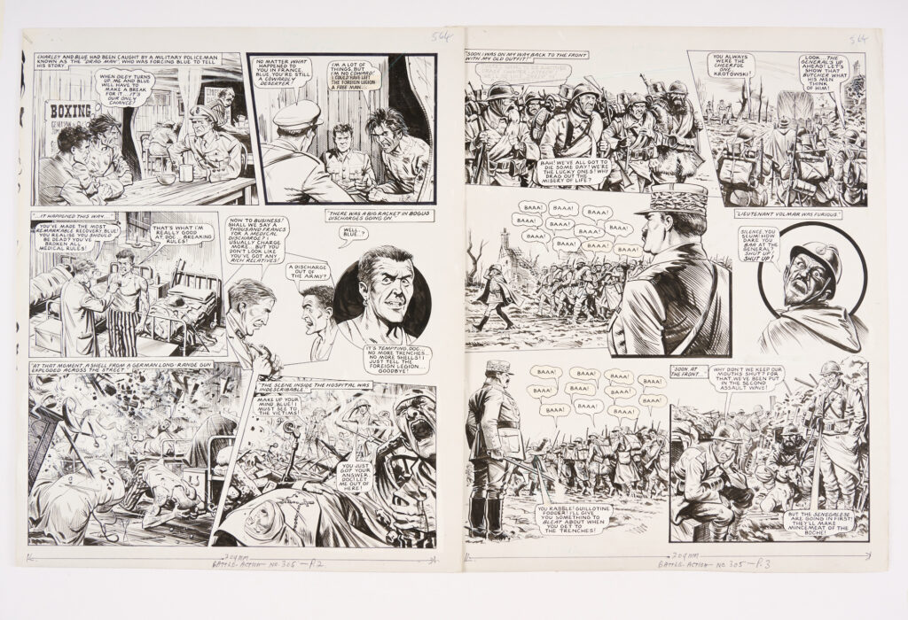 Charley's War (1979) 2 original artworks by Joe Colquhoun with script by Pat Mills for Battle-Action 305 pgs 2 & 3. 'Charlie and Blue had been caught by The Drag Man who was forcing the so-called 'cowardly deserter' to tell his story…'. Pen and ink on card with one speech balloon missing (pencil text only). 18 x 15 ins (2 artworks)