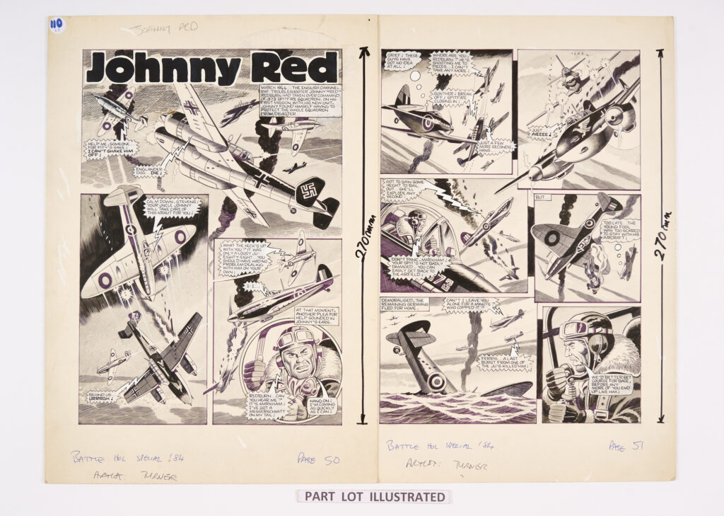 Johnny Red 3 original artworks by Ron Turner (1984) for Battle Holiday Special 1984. 'March 1944 - The English Channel RAF Troubleshooter Johnny "Red" Redburn had taken over command of 313 Spitfire Squadron. On his first mission with his new unit Johnny had to protect the whole squadron from disaster...'. Black ink and wash on card. 20 x 14 ins (3 artworks)