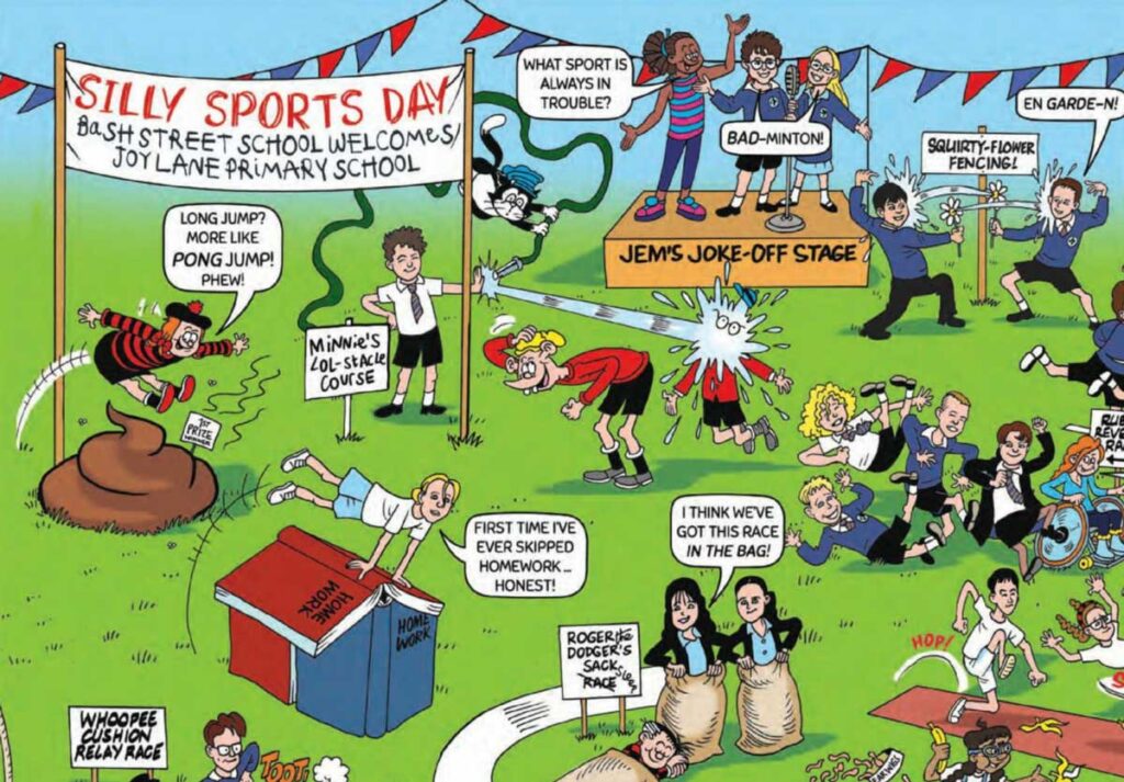Beano 4340 features a special double page spread - part shown here - featuring the winning class meeting the Bash Street Kids, drawn by Nigel Parkinson © Beano Studios