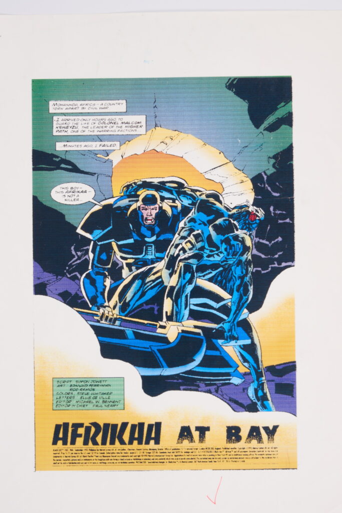 Original Comic Art Black Axe #6 (Marvel Comics, 1993) Total 21.
Twenty one original full colour comic art for Black Axe #6 'Afrikaa At Bay', pages 1-14, 16-22. Art by Edmund Perryman and Rod Ramos. Colours by Steve Whitaker. Characters include Black Axe, Afrikaa and T'Challa Black Panther. Most have notes on tracing paper on top of the art work and printed version of the art with further notes.
Notes: One piece has been folded, breaks in colour. Measurements: Comic page approx 8" x 11.5". Printed page approx 10" x 13.5".