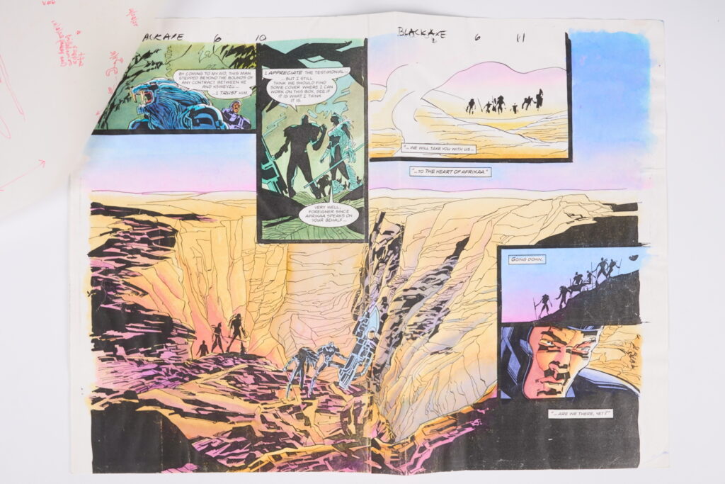 Original Comic Art Black Axe #6 (Marvel Comics, 1993) Total 21.
Twenty one original full colour comic art for Black Axe #6 'Afrikaa At Bay', pages 1-14, 16-22. Art by Edmund Perryman and Rod Ramos. Colours by Steve Whitaker. Characters include Black Axe, Afrikaa and T'Challa Black Panther. Most have notes on tracing paper on top of the art work and printed version of the art with further notes.
Notes: One piece has been folded, breaks in colour. Measurements: Comic page approx 8" x 11.5". Printed page approx 10" x 13.5".