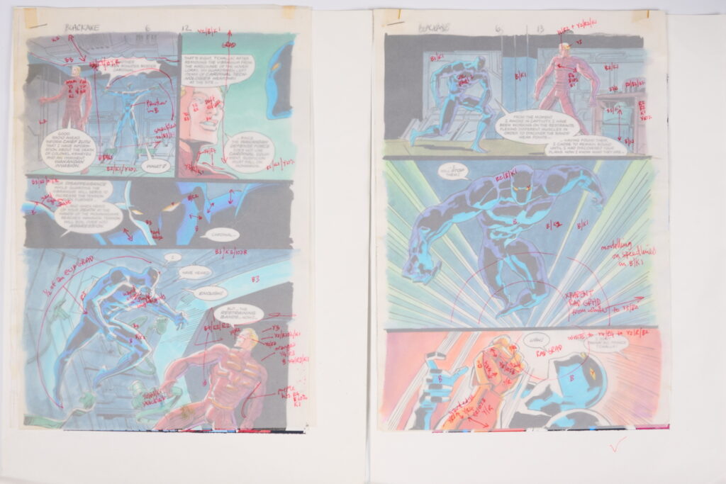 Original Comic Art Black Axe #6 (Marvel Comics, 1993) Total 21.
Twenty one original full colour comic art for Black Axe #6 'Afrikaa At Bay', pages 1-14, 16-22. Art by Edmund Perryman and Rod Ramos. Colours by Steve Whitaker. Characters include Black Axe, Afrikaa and T'Challa Black Panther. Most have notes on tracing paper on top of the art work and printed version of the art with further notes.
Notes: One piece has been folded, breaks in colour. Measurements: Comic page approx 8" x 11.5". Printed page approx 10" x 13.5".