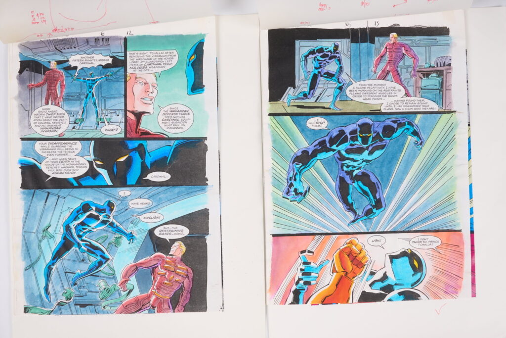 Original Comic Art Black Axe #6 (Marvel Comics, 1993) Total 21.
Twenty one original full colour comic art for Black Axe #6 'Afrikaa At Bay', pages 1-14, 16-22. Art by Edmund Perryman and Rod Ramos. Colours by Steve Whitaker. Characters include Black Axe, Afrikaa and T'Challa Black Panther. Most have notes on tracing paper on top of the art work and printed version of the art with further notes.
Notes: One piece has been folded, breaks in colour. Measurements: Comic page approx 8" x 11.5". Printed page approx 10" x 13.5".