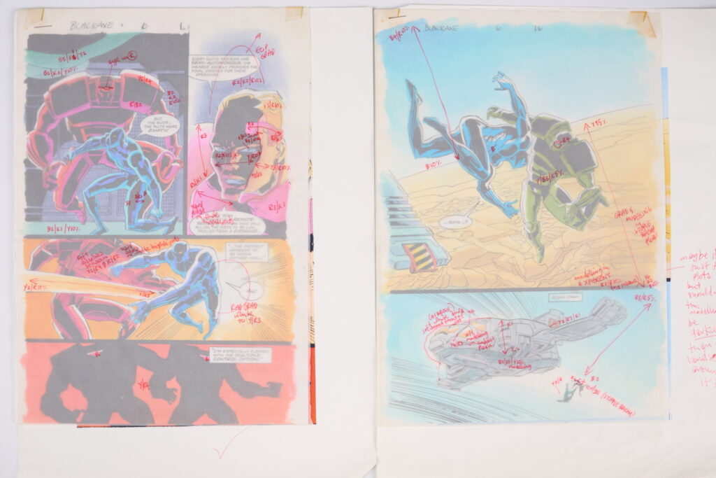 Original Comic Art Black Axe #6 (Marvel Comics, 1993) Total 21.
Twenty one original full colour comic art for Black Axe #6 'Afrikaa At Bay', pages 1-14, 16-22. Art by Edmund Perryman and Rod Ramos. Colours by Steve Whitaker. Characters include Black Axe, Afrikaa and T'Challa Black Panther. Most have notes on tracing paper on top of the art work and printed version of the art with further notes.
Notes: One piece has been folded, breaks in colour. Measurements: Comic page approx 8" x 11.5". Printed page approx 10" x 13.5".