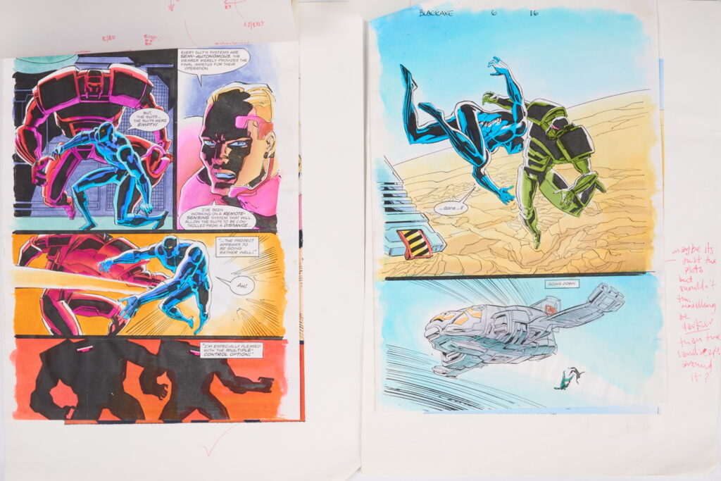 Original Comic Art Black Axe #6 (Marvel Comics, 1993) Total 21.
Twenty one original full colour comic art for Black Axe #6 'Afrikaa At Bay', pages 1-14, 16-22. Art by Edmund Perryman and Rod Ramos. Colours by Steve Whitaker. Characters include Black Axe, Afrikaa and T'Challa Black Panther. Most have notes on tracing paper on top of the art work and printed version of the art with further notes.
Notes: One piece has been folded, breaks in colour. Measurements: Comic page approx 8" x 11.5". Printed page approx 10" x 13.5".