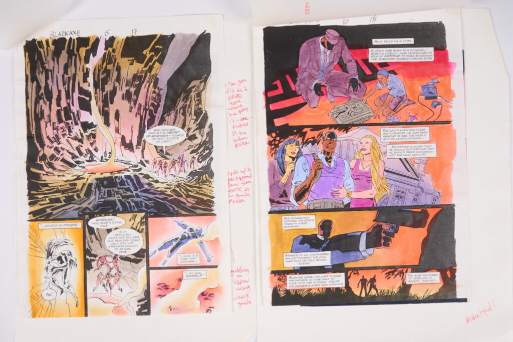 Original Comic Art Black Axe #6 (Marvel Comics, 1993) Total 21.
Twenty one original full colour comic art for Black Axe #6 'Afrikaa At Bay', pages 1-14, 16-22. Art by Edmund Perryman and Rod Ramos. Colours by Steve Whitaker. Characters include Black Axe, Afrikaa and T'Challa Black Panther. Most have notes on tracing paper on top of the art work and printed version of the art with further notes.
Notes: One piece has been folded, breaks in colour. Measurements: Comic page approx 8" x 11.5". Printed page approx 10" x 13.5".