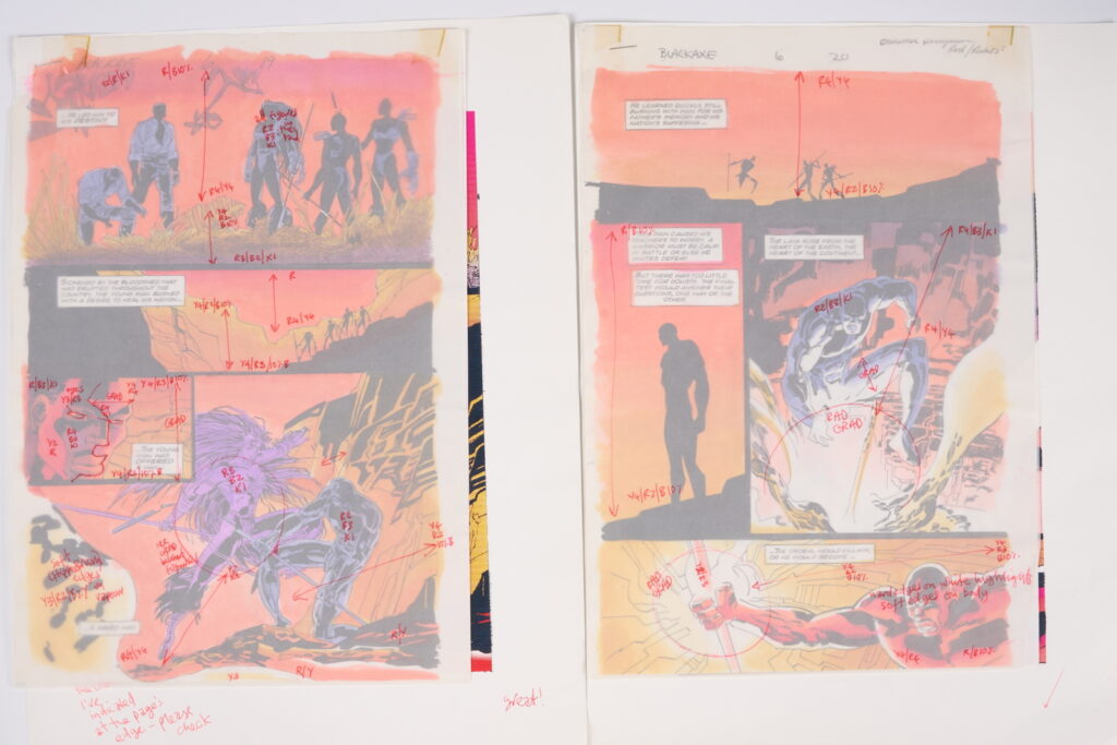 Original Comic Art Black Axe #6 (Marvel Comics, 1993) Total 21.
Twenty one original full colour comic art for Black Axe #6 'Afrikaa At Bay', pages 1-14, 16-22. Art by Edmund Perryman and Rod Ramos. Colours by Steve Whitaker. Characters include Black Axe, Afrikaa and T'Challa Black Panther. Most have notes on tracing paper on top of the art work and printed version of the art with further notes.
Notes: One piece has been folded, breaks in colour. Measurements: Comic page approx 8" x 11.5". Printed page approx 10" x 13.5".