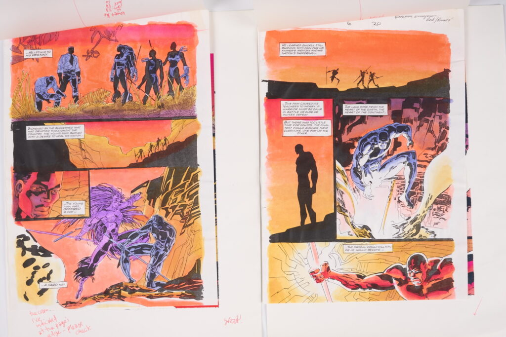 Original Comic Art Black Axe #6 (Marvel Comics, 1993) Total 21.
Twenty one original full colour comic art for Black Axe #6 'Afrikaa At Bay', pages 1-14, 16-22. Art by Edmund Perryman and Rod Ramos. Colours by Steve Whitaker. Characters include Black Axe, Afrikaa and T'Challa Black Panther. Most have notes on tracing paper on top of the art work and printed version of the art with further notes.
Notes: One piece has been folded, breaks in colour. Measurements: Comic page approx 8" x 11.5". Printed page approx 10" x 13.5".