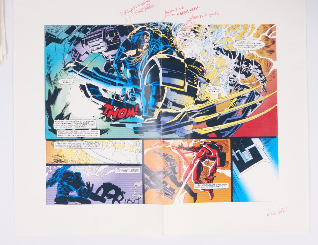 Original Comic Art Black Axe #6 (Marvel Comics, 1993) Total 21.
Twenty one original full colour comic art for Black Axe #6 'Afrikaa At Bay', pages 1-14, 16-22. Art by Edmund Perryman and Rod Ramos. Colours by Steve Whitaker. Characters include Black Axe, Afrikaa and T'Challa Black Panther. Most have notes on tracing paper on top of the art work and printed version of the art with further notes.
Notes: One piece has been folded, breaks in colour. Measurements: Comic page approx 8" x 11.5". Printed page approx 10" x 13.5".