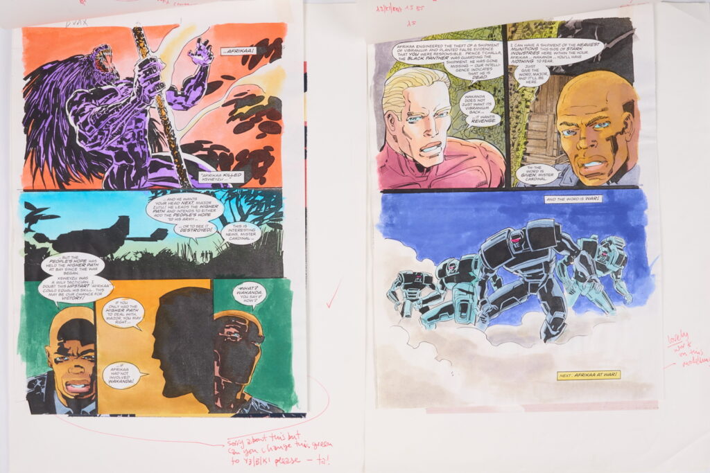 Original Comic Art Black Axe #6 (Marvel Comics, 1993) Total 21.
Twenty one original full colour comic art for Black Axe #6 'Afrikaa At Bay', pages 1-14, 16-22. Art by Edmund Perryman and Rod Ramos. Colours by Steve Whitaker. Characters include Black Axe, Afrikaa and T'Challa Black Panther. Most have notes on tracing paper on top of the art work and printed version of the art with further notes.
Notes: One piece has been folded, breaks in colour. Measurements: Comic page approx 8" x 11.5". Printed page approx 10" x 13.5".