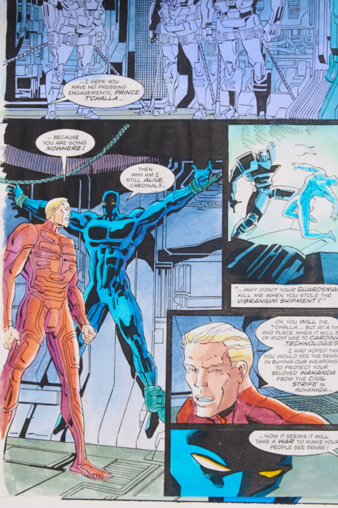 Original Comic Art Black Axe #6 (Marvel Comics, 1993) Total 21.
Twenty one original full colour comic art for Black Axe #6 'Afrikaa At Bay', pages 1-14, 16-22. Art by Edmund Perryman and Rod Ramos. Colours by Steve Whitaker. Characters include Black Axe, Afrikaa and T'Challa Black Panther. Most have notes on tracing paper on top of the art work and printed version of the art with further notes.
Notes: One piece has been folded, breaks in colour. Measurements: Comic page approx 8" x 11.5". Printed page approx 10" x 13.5".