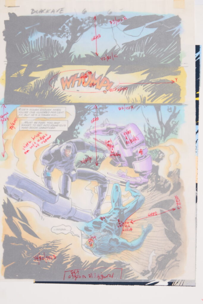 Original Comic Art Black Axe #6 (Marvel Comics, 1993) Total 21.
Twenty one original full colour comic art for Black Axe #6 'Afrikaa At Bay', pages 1-14, 16-22. Art by Edmund Perryman and Rod Ramos. Colours by Steve Whitaker. Characters include Black Axe, Afrikaa and T'Challa Black Panther. Most have notes on tracing paper on top of the art work and printed version of the art with further notes.
Notes: One piece has been folded, breaks in colour. Measurements: Comic page approx 8" x 11.5". Printed page approx 10" x 13.5".