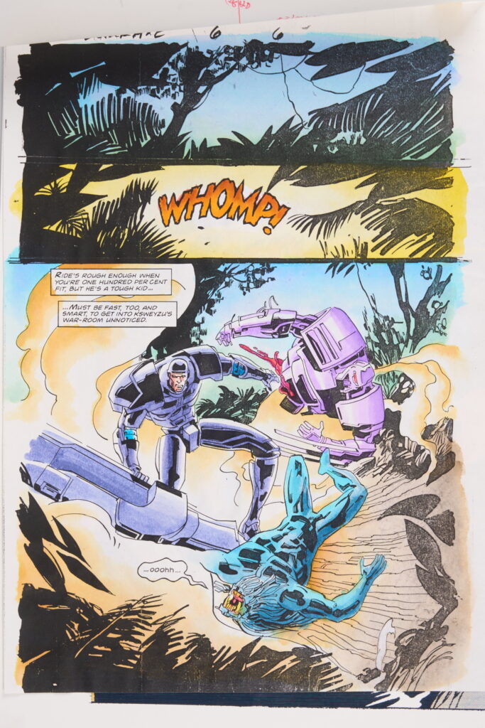 Original Comic Art Black Axe #6 (Marvel Comics, 1993) Total 21.
Twenty one original full colour comic art for Black Axe #6 'Afrikaa At Bay', pages 1-14, 16-22. Art by Edmund Perryman and Rod Ramos. Colours by Steve Whitaker. Characters include Black Axe, Afrikaa and T'Challa Black Panther. Most have notes on tracing paper on top of the art work and printed version of the art with further notes.
Notes: One piece has been folded, breaks in colour. Measurements: Comic page approx 8" x 11.5". Printed page approx 10" x 13.5".