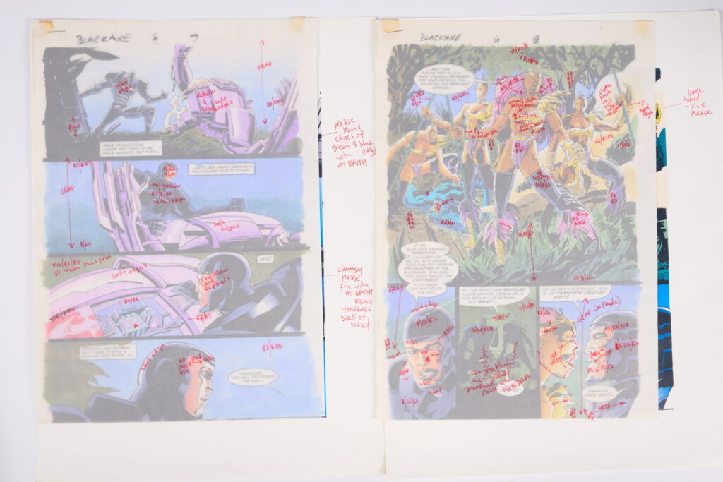 Original Comic Art Black Axe #6 (Marvel Comics, 1993) Total 21.
Twenty one original full colour comic art for Black Axe #6 'Afrikaa At Bay', pages 1-14, 16-22. Art by Edmund Perryman and Rod Ramos. Colours by Steve Whitaker. Characters include Black Axe, Afrikaa and T'Challa Black Panther. Most have notes on tracing paper on top of the art work and printed version of the art with further notes.
Notes: One piece has been folded, breaks in colour. Measurements: Comic page approx 8" x 11.5". Printed page approx 10" x 13.5".