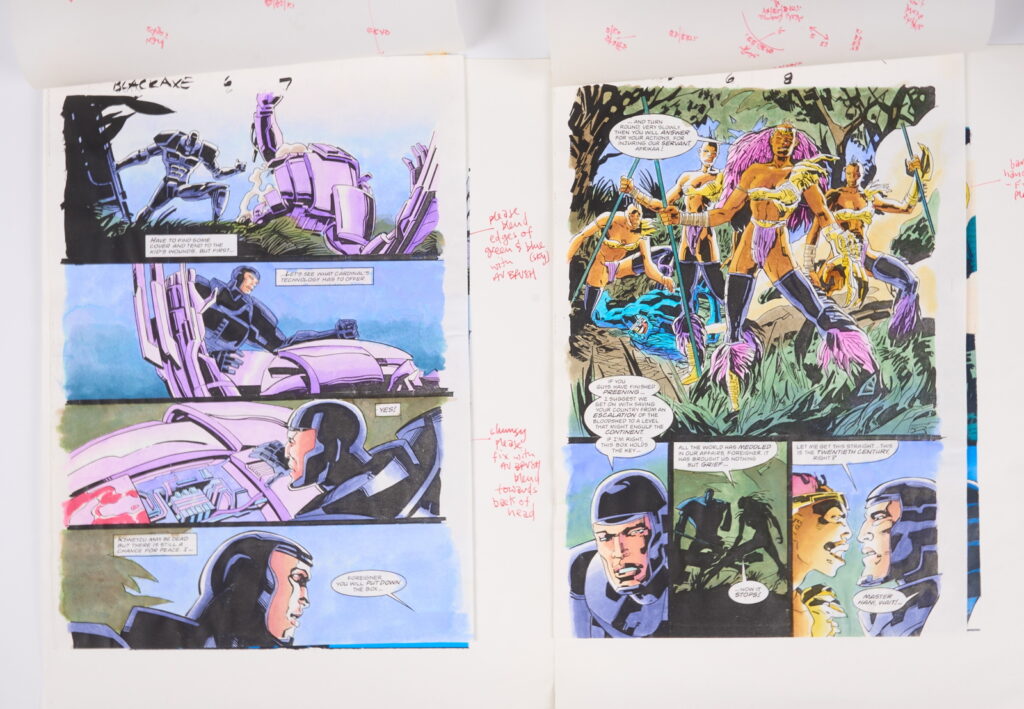 Original Comic Art Black Axe #6 (Marvel Comics, 1993) Total 21.
Twenty one original full colour comic art for Black Axe #6 'Afrikaa At Bay', pages 1-14, 16-22. Art by Edmund Perryman and Rod Ramos. Colours by Steve Whitaker. Characters include Black Axe, Afrikaa and T'Challa Black Panther. Most have notes on tracing paper on top of the art work and printed version of the art with further notes.
Notes: One piece has been folded, breaks in colour. Measurements: Comic page approx 8" x 11.5". Printed page approx 10" x 13.5".