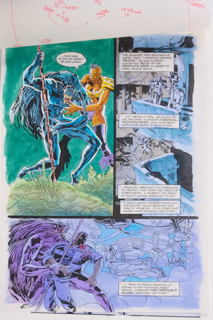 Original Comic Art Black Axe #6 (Marvel Comics, 1993) Total 21.
Twenty one original full colour comic art for Black Axe #6 'Afrikaa At Bay', pages 1-14, 16-22. Art by Edmund Perryman and Rod Ramos. Colours by Steve Whitaker. Characters include Black Axe, Afrikaa and T'Challa Black Panther. Most have notes on tracing paper on top of the art work and printed version of the art with further notes.
Notes: One piece has been folded, breaks in colour. Measurements: Comic page approx 8" x 11.5". Printed page approx 10" x 13.5".