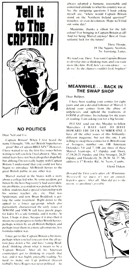 Two future Marvel UK letters for the price of one - both David Thorpe and Glenn Dakin had letters in Captain Britain Issue 17!