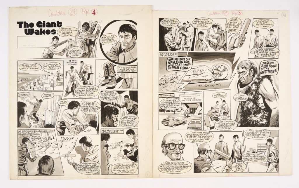 Captain Scarlet and The Mysterons 'The Giant Awakes': 2 original artworks (Sept 1971) by Malcolm Stokes for Countdown No 29 pgs 4 & 5. Black ink and wash on board. 18 x 15 ins (2 artworks)