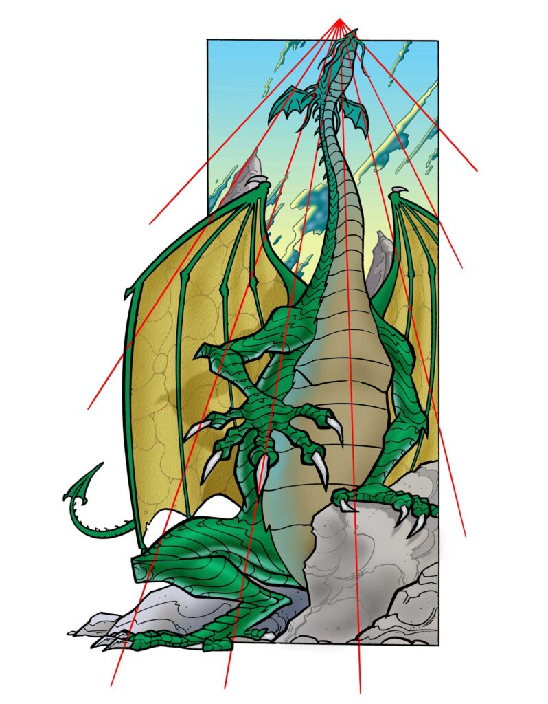 Drawing Dragons - "A Worm's Eye View" by Jim Hansen, coloured by John Michael Burns