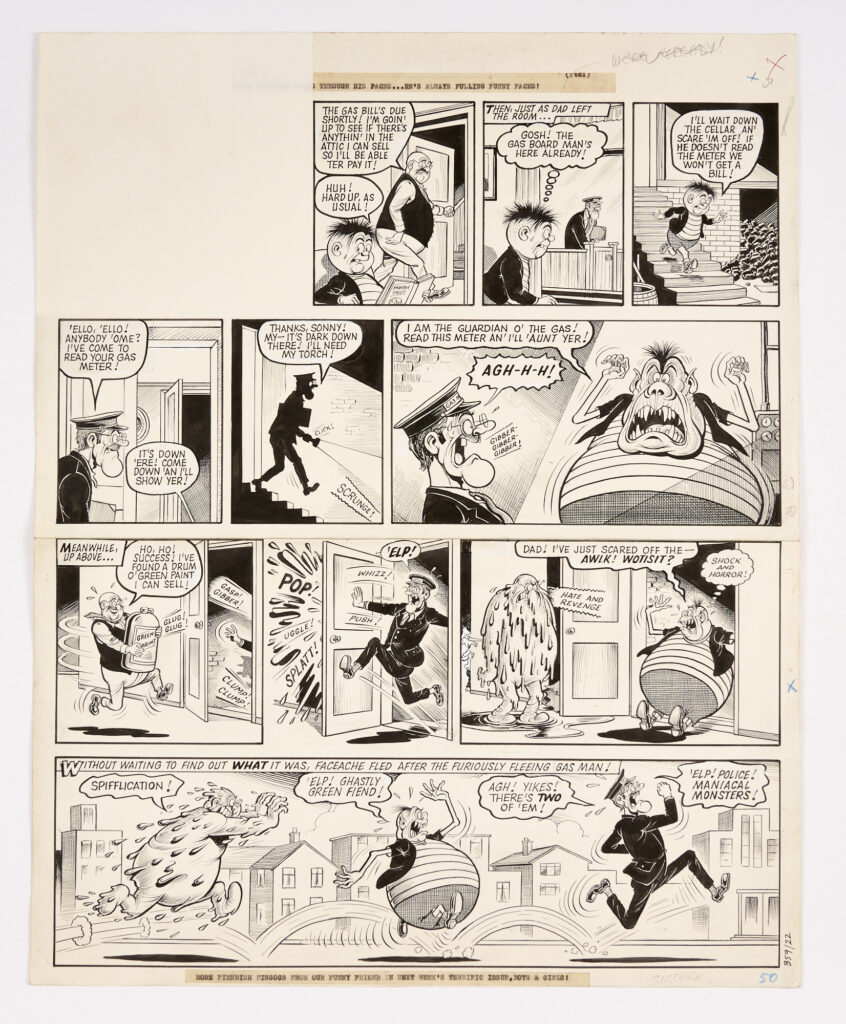 Faceache original artwork by Ken Reid from Buster (1980). 'Elp! Police! Maniacal Monsters!' The Gasman gets a double scrunge! Indian ink on paper. 20 x 16 ins