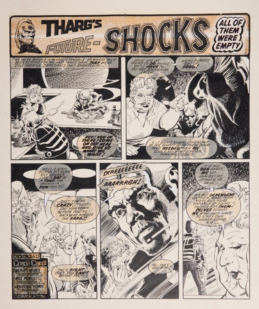 The opening page of Tharg's Future-Shocks – All Of Them Were Empty" for 2000AD Prog 251, published in 1982