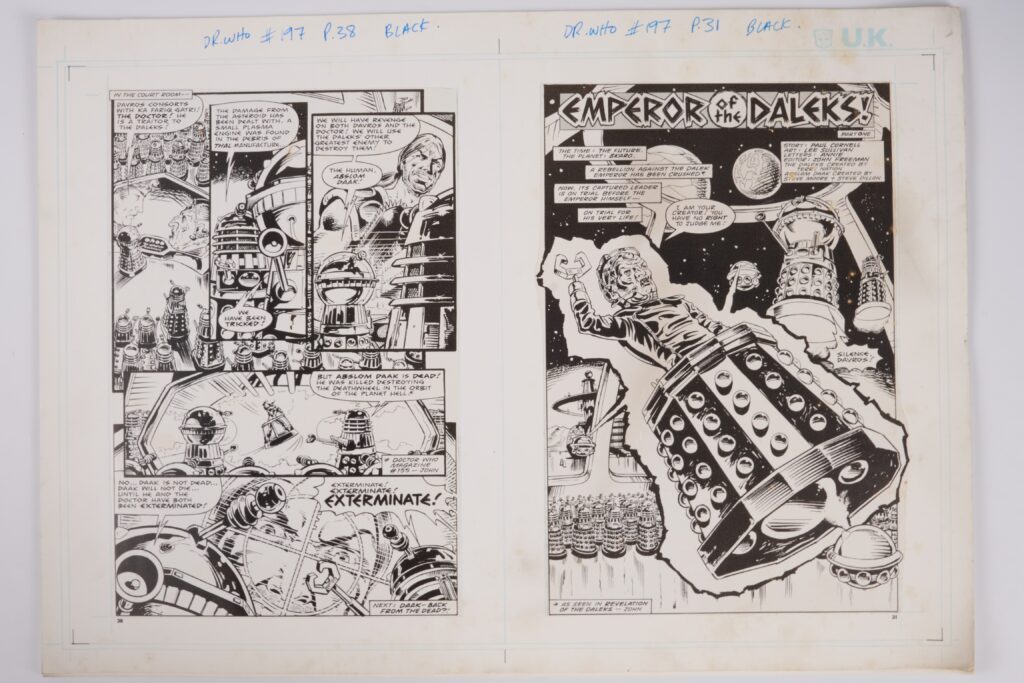 Doctor Who Magazine Issue 197 'Emperor Of The Daleks' Printed Story Guide Pages (Marvel UK, 1990) Total 4.
Printed inked story pages for Doctor Who Monthly #197 ‘Emperor of the Dalek Part 1’, pages 30-38. This is first installment from a six part story arc. This story follows the sixth Doctor, Colin Baker, and Peri on a rescue mission to save Dalek creator Davros after he stood trial on Skaro. Art by Lee Sullivan, story by Paul Cornell, plot by Cornell and John Freeman.
Notes: Page 38 is on the first page alongside 31. Measurements: Approx. 17.75" x 12.5".