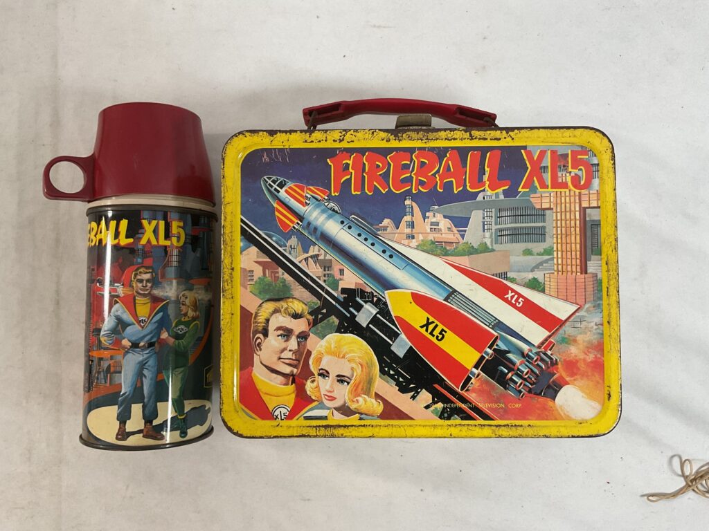 Gerry Anderson's "Fireball XL5" Thermos lunch box, art by famous American comic artist Wally Wood, who did preliminary art work for this merchandise based on the television show