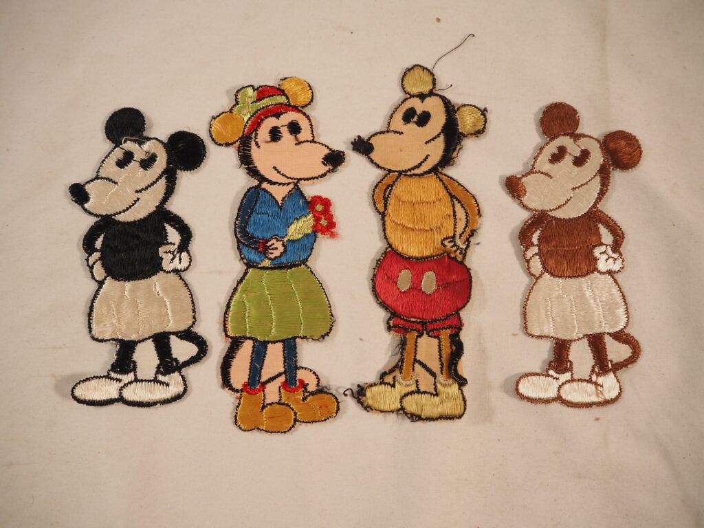 Turmac Tobacco silk embroidered patches from 1930s featuring Walt Disney characters, including Mickey Mouse