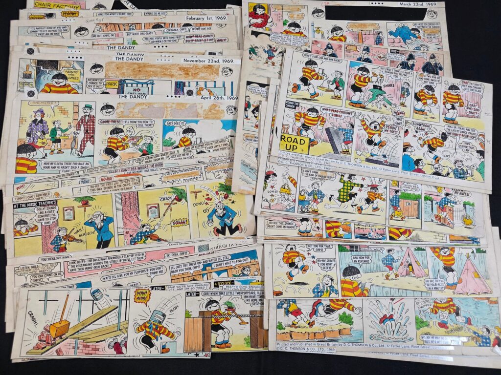 "Bully Beef and Chips" art for The Dandy, a strip originally drawn by Jimmy Hughes until 1993, so likely to be his work. 20 pages, circa 1969. Condition varies