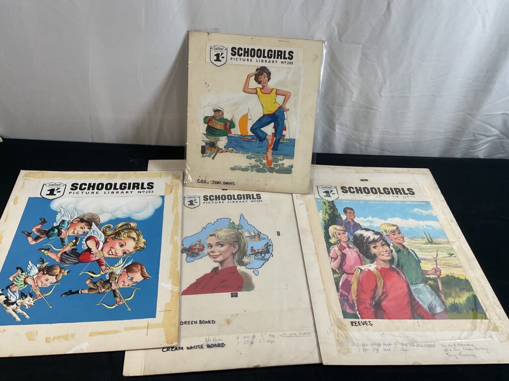 School Girls Picture Library - Four pages of original colour comic cover art, gouache on board, various issues, circa mid 1960s - G/VG