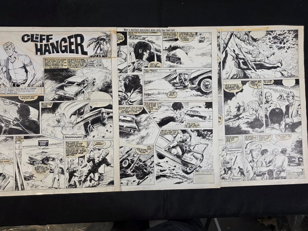 Two page of original "Cliff Hanger" art for Thunder No. 16, one of the final issues of the short-lived comic. Each end-of-instalment cliffhanger featured an element to get Cliff and Kukri out of danger, which readers were encouraged to try and work out in the week between issues. The strip was not continued after the merger with Lion.