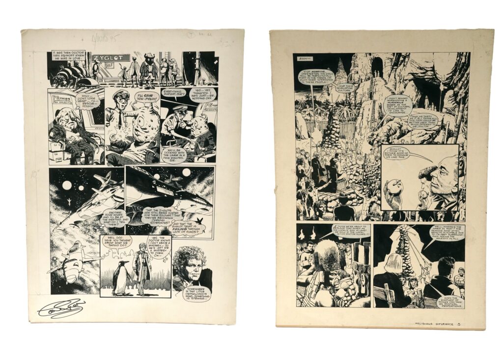 Doctor Who comic artwork by John Ridgway: the first from Doctor Who Magazine Issue 95 (1984), Polly the Glot, signed by Colin Baker; The second from Doctor Who Yearbook 1994, A Religious Experience