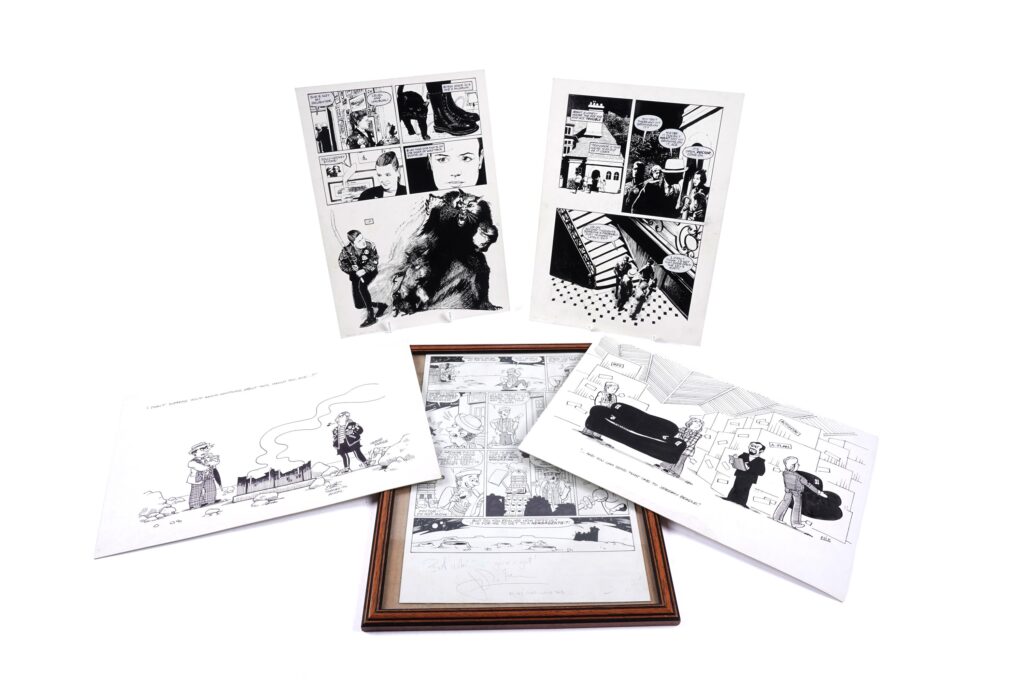 Mixed lot of Doctor Who Magazine comic art including two pages of “Fellow Travellers”, written by Andrew Cartmel, drawn by Arthur Ranson, his only Doctor Who Magazine strip), and two “Nix View” cartoons by Nick Miller, and a house advertisement written by John Freeman (Who? - Ed)