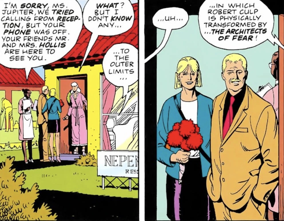 "Mr and Mrs. Hollis" (Dan Dreiberg and Laurie Juspeczyk) visiting Sally Jupiter at her retirement community in California while The Outer Limits plays in the background, in Watchmen by Alan Moore and Dave Gibbons. The similarities between The Outer Limits episode and the comic story were a major point of contention behind the scenes during the publication of its final issues, as, for example, related by Kate Willaert for The Beat, back in 2015