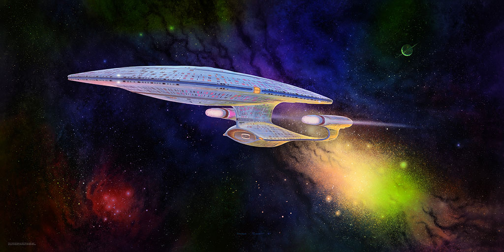 Star Trek: The Next Generation - Ready Room Enterprise D Painting (Foil Edition) | Art By Andrew Probert & Rick Sternbach | Restored By Matt Ferguson | Edition of 300 | 36x18 inches | Hand Numbered Fine Art Lithograph | Printed 240gm Mirri Rainbow Foil Paper | Poster - £49.99 / Approx $70 | Framed - £119.99 / Approx $165