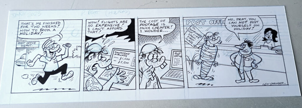 A Postman Prat” strip drawn for The Dandy Annual 2023 by Lew Stringer
