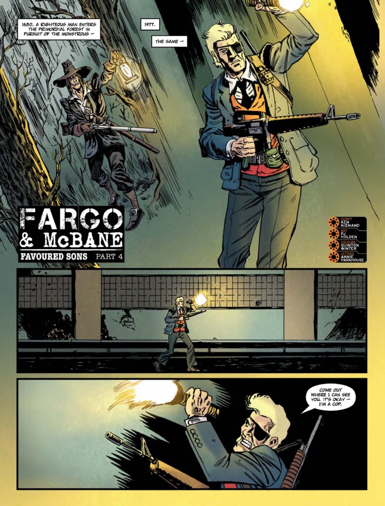 Judge Dredd Megazine 493 - FARGO & MCBANE // FAVOURED SONS
By Ken Niemand (Writer) PJ Holden (Artist) Quinton Winter (Colourist) Annie Parkhouse (Letterer) 