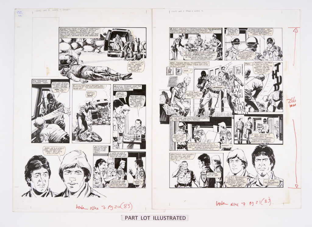 CHiPs - 3 original artworks by Barrie Mitchell (1983) for Look-in No 7 pgs 20 and 21 and No 9 pg 21 (last episode of story). Black pen and ink on card. 20 x 15 ins (3 artworks)