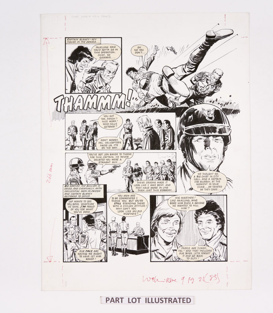 CHiPs - 3 original artworks by Barrie Mitchell (1983) for Look-in No 7 pgs 20 and 21 and No 9 pg 21 (last episode of story). Black pen and ink on card. 20 x 15 ins (3 artworks)