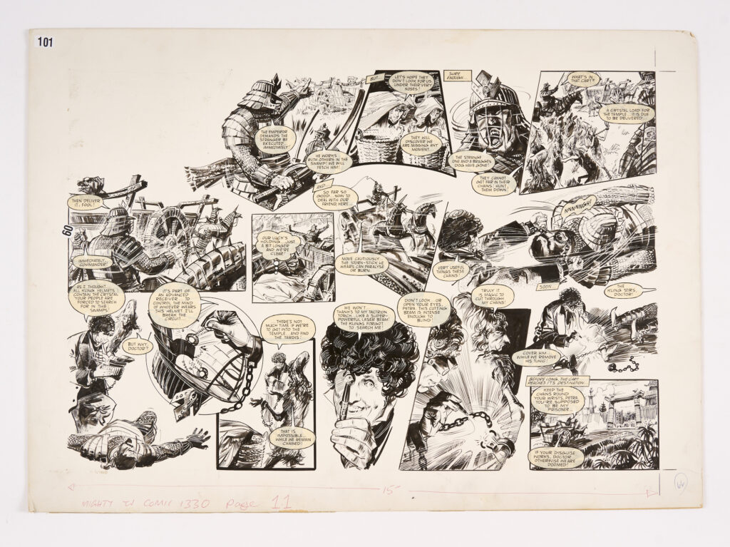 Doctor Who original double-page artwork by John Canning (1976) for Mighty TV Comic No 1330 pg 11. 'The Kling commander orders the execution of the Strange One and a Braggen Dog (Doctor Who and Petra!). Pen and ink on board, 18 x 25 ins