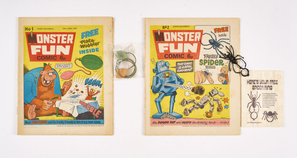 Monster Fun (1975) 1 wfg Plate Wobbler, 2 wfg Freaky Spider Ring. 'Edited' by Ken Reid's Frankie Stein who also drew Martha's Monster Make up, Draculass - Daughter of Dracula and Leo Baxendale's Badtime Bedtime Story Book centrefold strip, complete and uncut. No 1 [fn-], No 2 [vfn] (2)