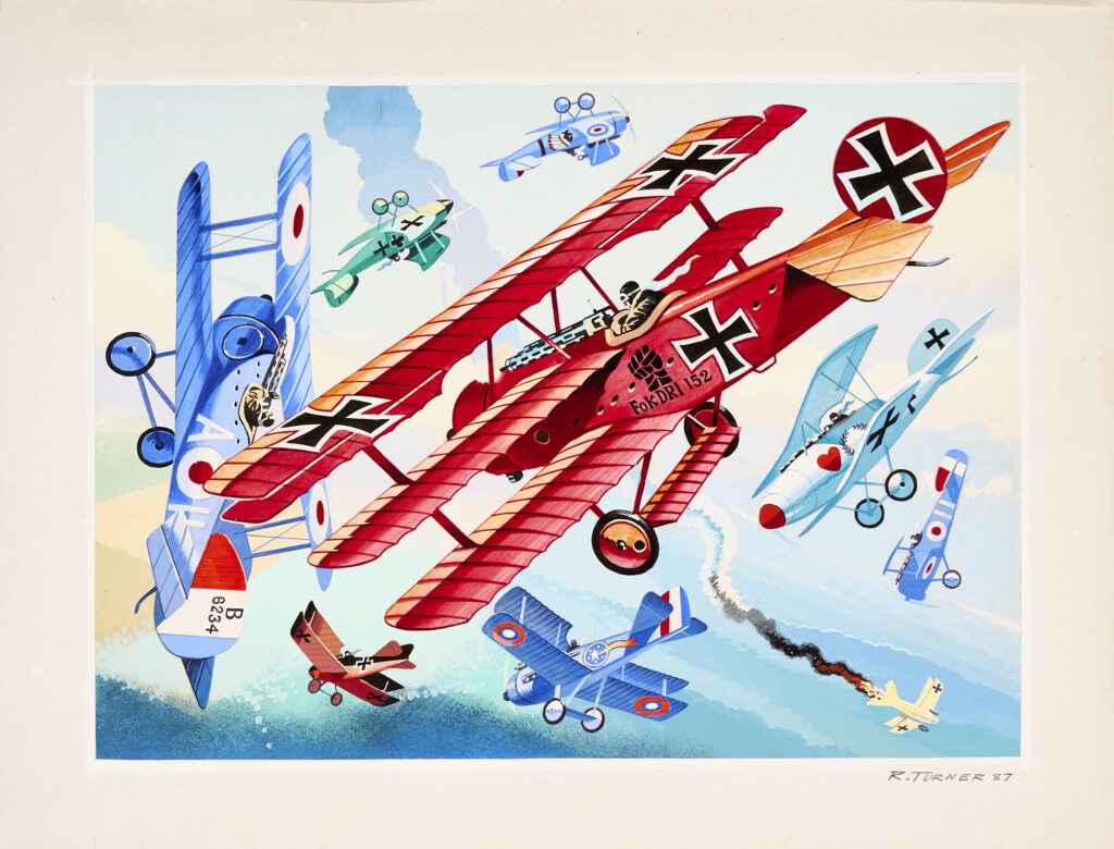 Ron Turner signed original artwork (1987) The Red Baron WW1 Dogfight, reproduced on page 261 of 'The Fantastic Art of Ron Turner' book by John Lawrence. Poster colour on board, 18 x 15 ins