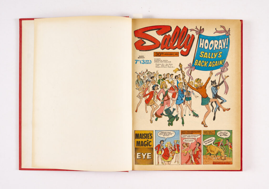 Sally (30 Jan-27 March 1971) 9 issues in bound volume. Starring Cat Girl, The Ghost Hunters, Broken-Hearted Rebel and Maisie's Magic Eye. From the IPC Editorial Archive. Cream pages with slightly darker margins [fn+] (9)