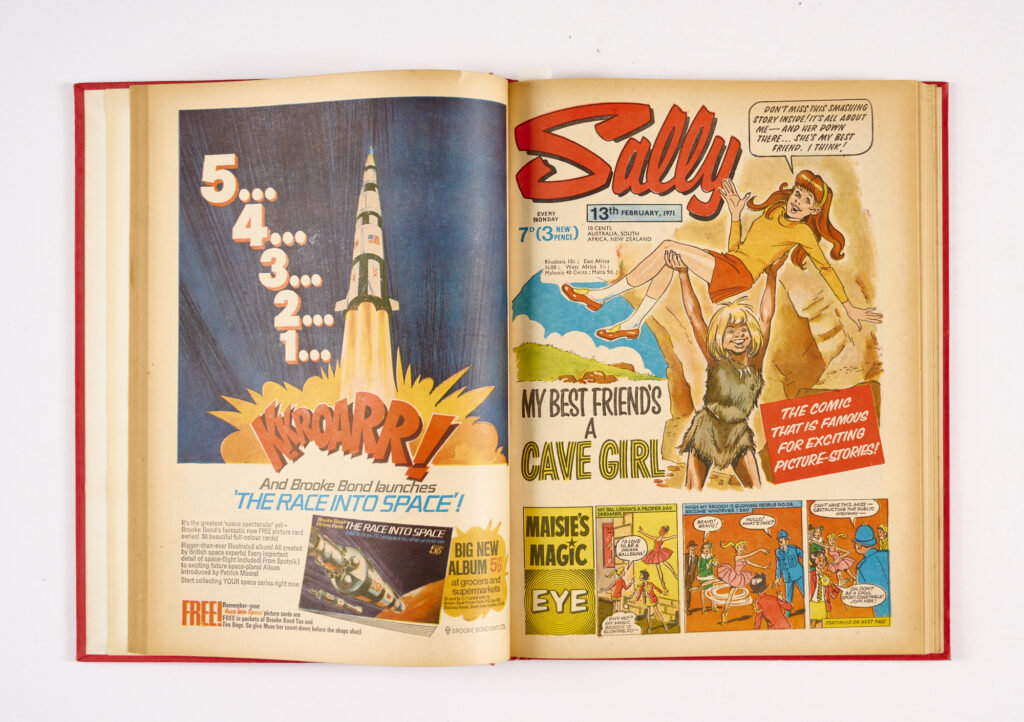 Sally (30 Jan-27 March 1971) 9 issues in bound volume. Starring Cat Girl, The Ghost Hunters, Broken-Hearted Rebel and Maisie's Magic Eye. From the IPC Editorial Archive. Cream pages with slightly darker margins [fn+] (9)