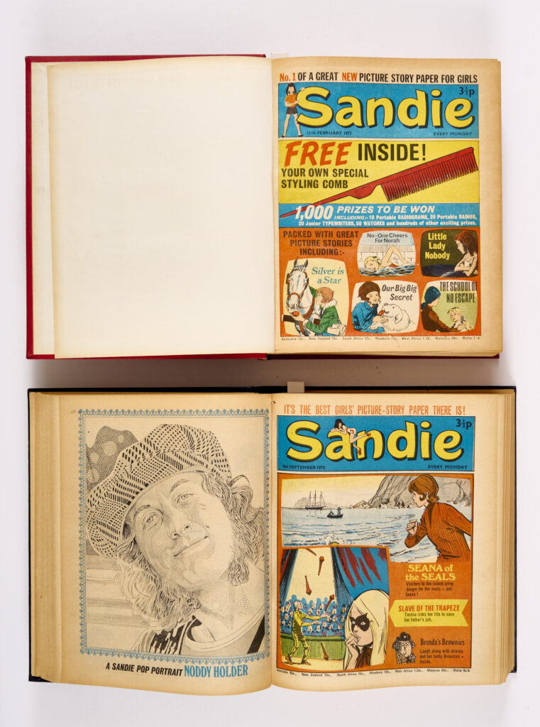 Sandie (12 Feb (No 1)-14 Jun 1972 and 12 August - 10 Feb 1973) in two bound volumes. 50 issues starring Trixie the Tennis Tramp, Ann of a Thousand Sorrows, Wendy's Private War and Second-hand Rosie with Brenda's Brownies and Wendy the Witch by Leo Baxendale. And from the 'You're Joking!' page: 'Who was the first Knight of the Round Table?' Answer 'Sir Cumference!' (sigh), From the IPC Editorial Archive [fn/fn+] (50)