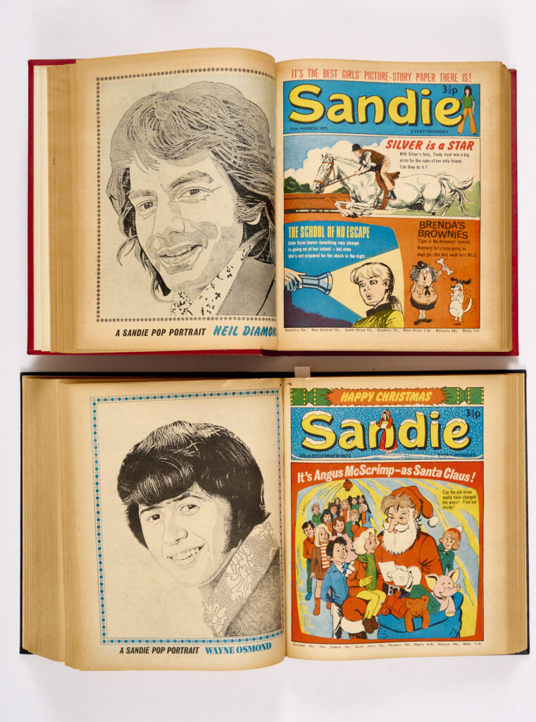 Sandie (12 Feb (No 1)-14 Jun 1972 and 12 August - 10 Feb 1973) in two bound volumes. 50 issues starring Trixie the Tennis Tramp, Ann of a Thousand Sorrows, Wendy's Private War and Second-hand Rosie with Brenda's Brownies and Wendy the Witch by Leo Baxendale. And from the 'You're Joking!' page: 'Who was the first Knight of the Round Table?' Answer 'Sir Cumference!' (sigh), From the IPC Editorial Archive [fn/fn+] (50)