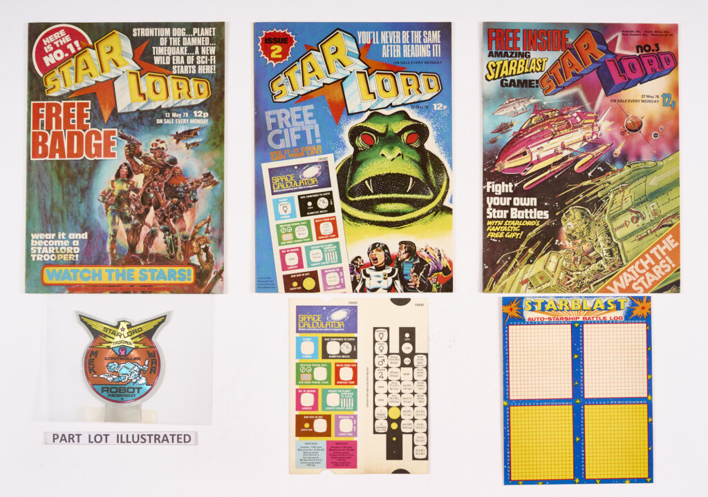 Star Lord (1978) 1-22 Complete run with Star Lord Summer Special. Art by Carlos Esquerra (Strontium Dog), Kevin O'Neill and Dave Gibbons (Ro-Busters) and Ian Kennedy (Planet of the Damned and Timequake). The Hell Planet Game in four issues is intact and uncut. Issues 1-3 with all free gifts. 30th Sept (No 21) 1" of top corner cover torn away [vg+], balance issues [vfn/nm] (23)